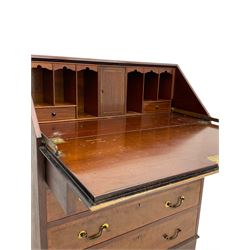 Edwardian mahogany and satinwood banded bureau, fall front with fitted interior over four drawers, bracket feet