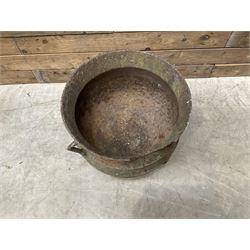 3 cauldron set pots with 2 terracotta chimney pots, 1 terracotta crock, metal bucket and small cast iron shelf 