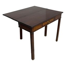 George III mahogany tea or side table, fold-over top over single gate-leg action base, fitted with single cock-beaded drawer, raised on square supports with inner chamfer