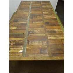  Rectangular rustic planked effect dining table, 'X' metal supports (200cm x 100cm, H79cm) and two matching benches  