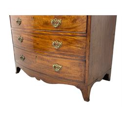 Early 19th century inlaid mahogany bow-front chest, figured top with crossbanding and boxwood stringing, fitted with four graduating cock-beaded drawers, pierced brass handle plates, shaped apron on out-splayed bracket feet