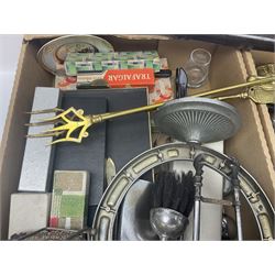 Chrome fireside companion set in the form of a horseshoe, together with other metal ware including pair of candelabra, candlesticks, barometer and flatware, and some alcohol miniatures, in two boxes 