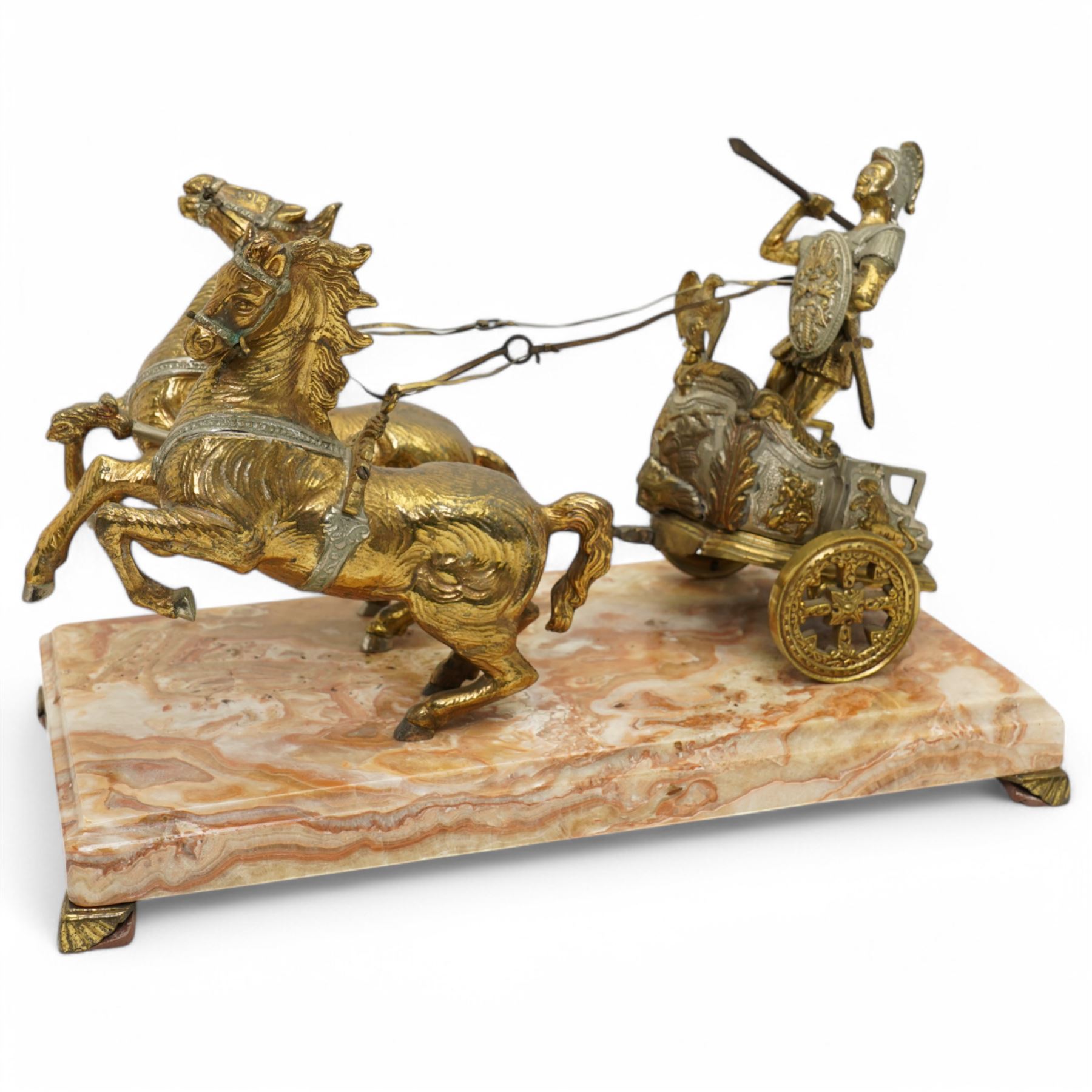 Gilt metal model depicting Roman charioteer and two horses, on marble base W38cm 