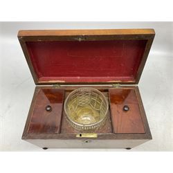 Walnut tea caddy of sarcophagus form, two division lidded interior with a later glass mixing bowl, upon four brass bun feet together with a walnut sewing box with mother of pearl inlaid decoration, tea caddy H16cm