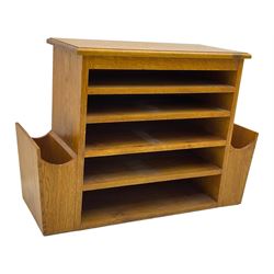 Craftsman made oak magazine table or HI-FI stand, moulded rectangular top over four shelves, flanked by two projecting holders