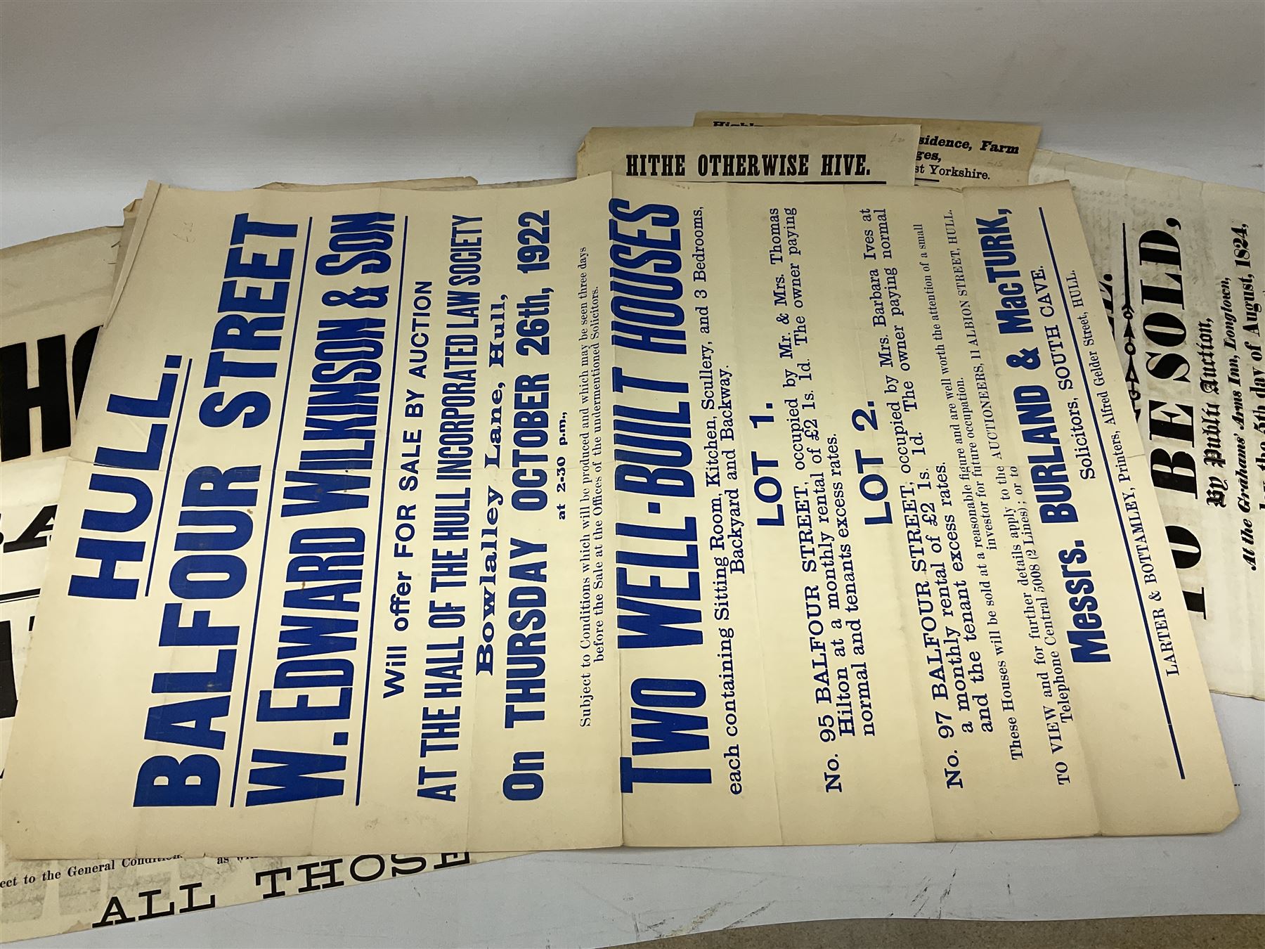 Seven late 19th/early 20th century auction posters of Hull/Yorkshire interest for properties in Hithe (Hive) 1852, South Cave 1880, Ellerker 1904, Hive 1921, Osbaldwick 1921, Balfour Street Hull 1922 and Sancton 1922; another for Cumberland 1824; two early 'This House To Let' posters; posters unframed and folded; and auction particulars for Gator Court, Ashburton, South Devon 