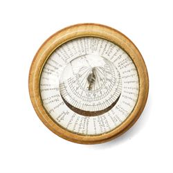 19th century pantochronometer, with central compass under domed glazed cover, within a turned lidded sycamore case, with patent pantochronometer label beneath