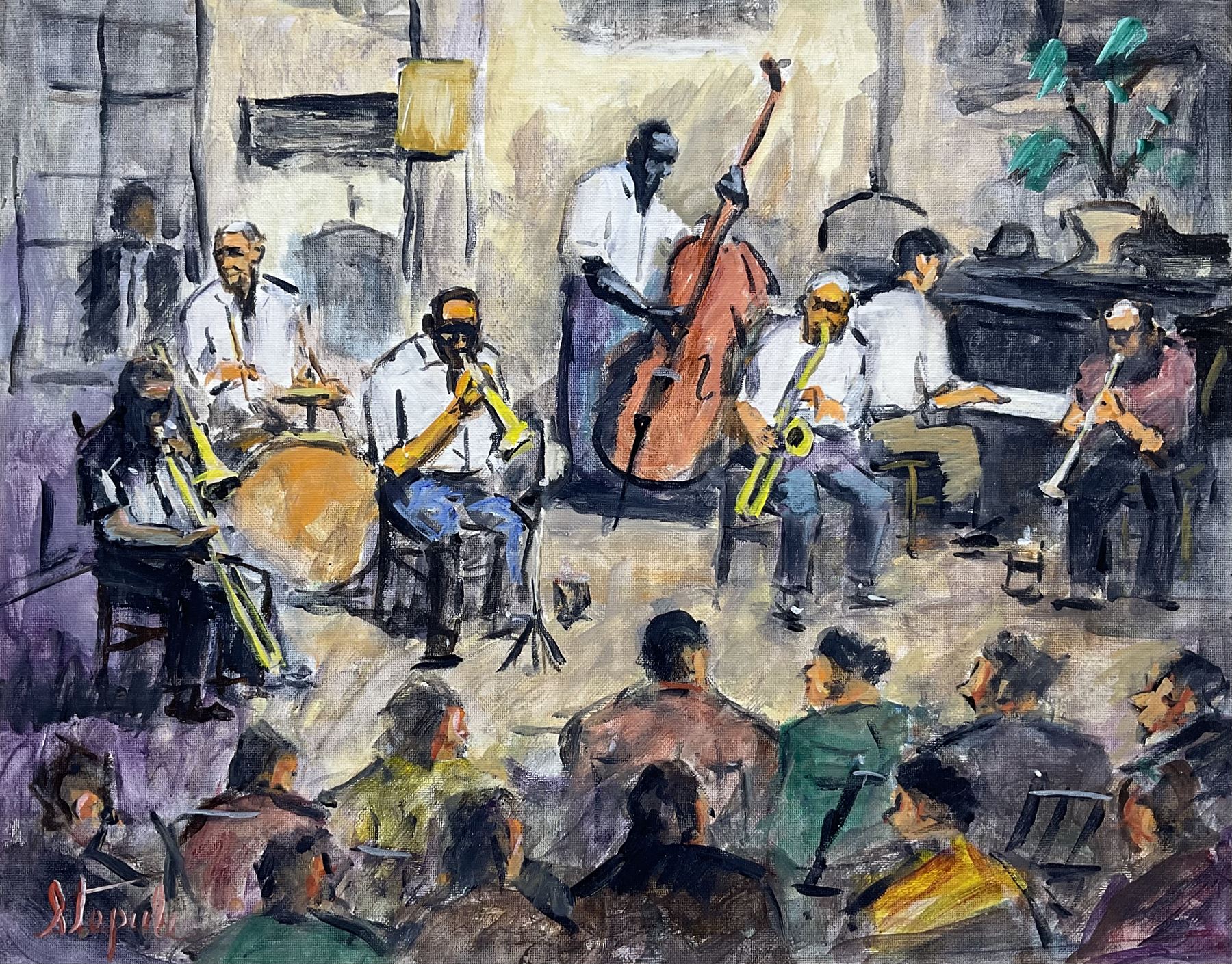 Charles T Stepule (American 1911-2006): 'Preservation Hall' Jazz Band New Orleans, acrylic on canvas laid onto board signed, titled and dated 1992 verso 39cm x 49cm 