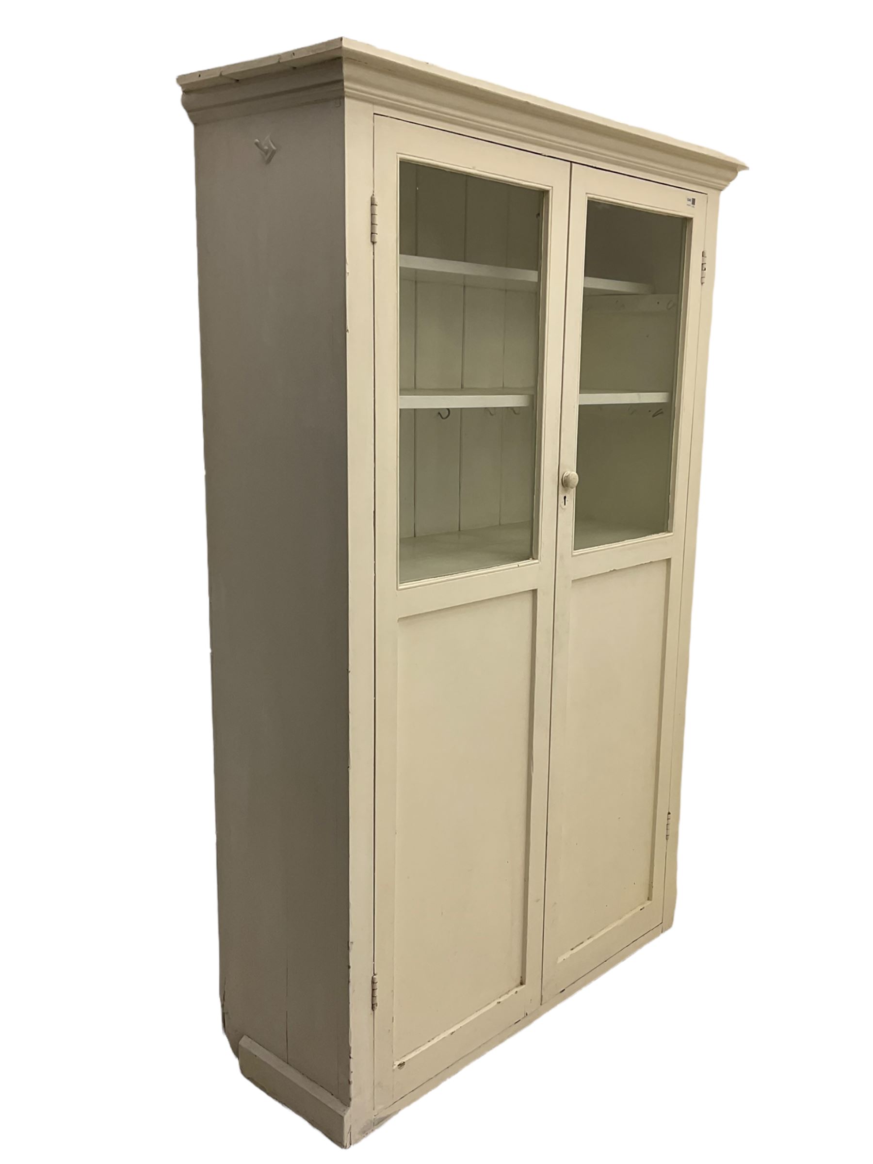 19th century painted pine kitchen cupboard, enclosed by two part glazed doors