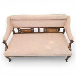 Quality Edwardian seven piece inlaid salon suite, comprising three seater settee, pair of arm chairs and four chairs with pierced splat backs, upholstered in pale pink fabric, inlaid with flowering urns, upon tapering legs with spade feet and castors