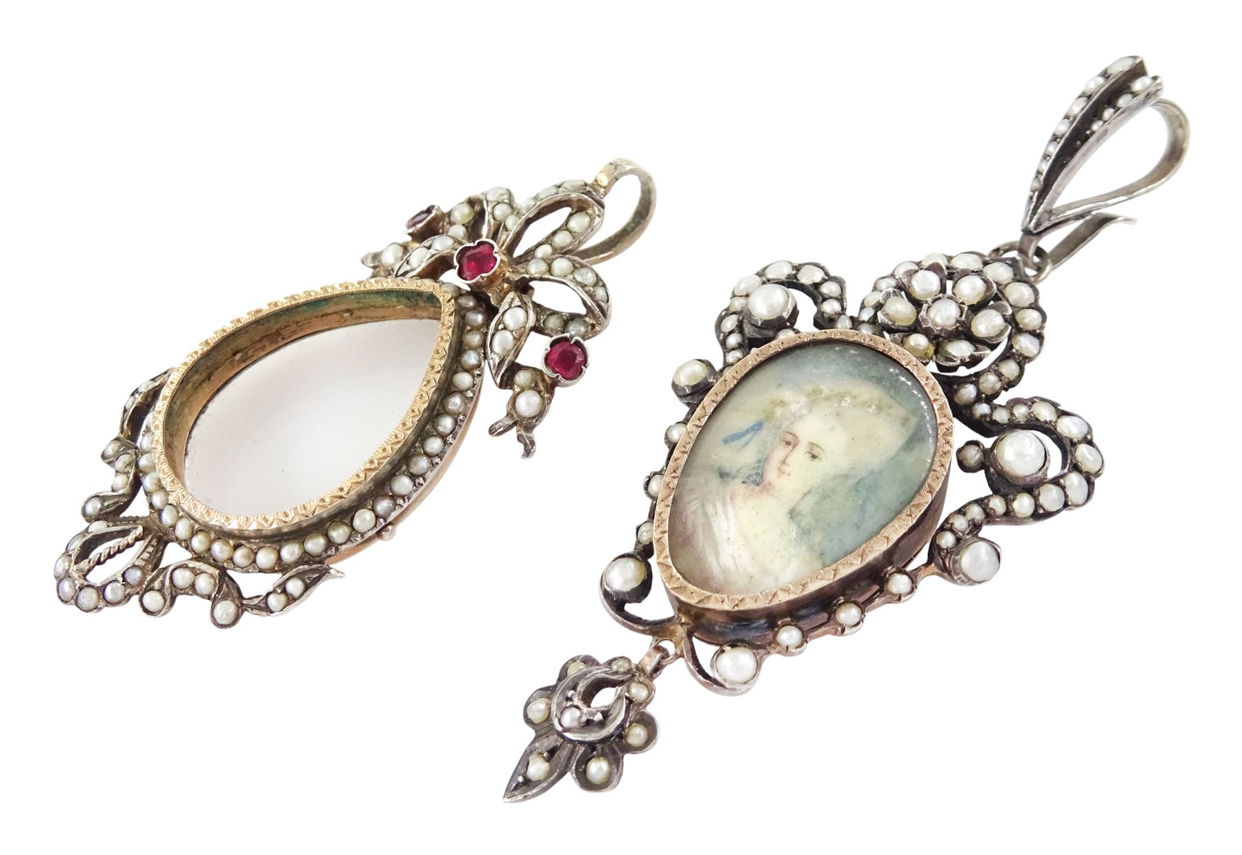 Two 19th century French silver pearl locket pendants, the first set with a pear shaped portrait miniature of a woman in 18th century dress on ivory, within a milled bezel and openwork split and seed pearl surround, the other of similar design with ribbon surmount and set with garnets and seed pearls, both hallmarked. This lot has been registered for sale under Section 10 of the APHA Ivory Act
