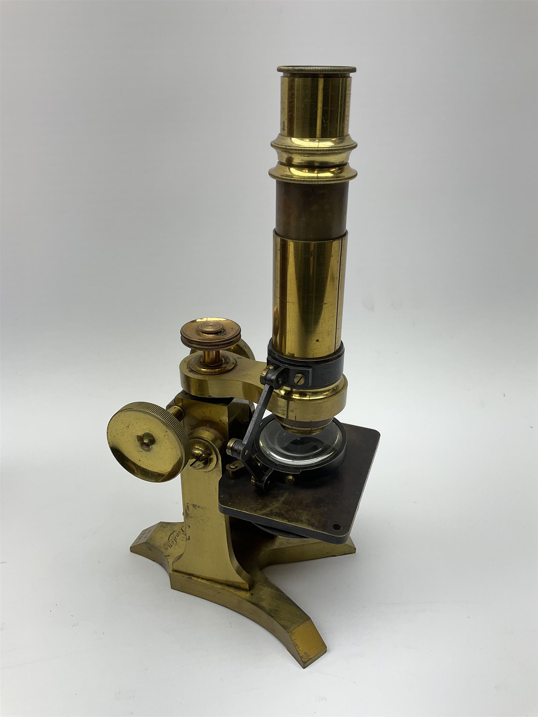 19th century lacquered brass monocular microscope by Moritz Pillischer No.1795 in fitted mahogany box with carrying handle and two additional lenses 