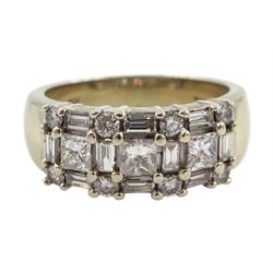 Scottish 18ct white gold princess, round brilliant and baguette cut diamond ring, hallmarked Edinburgh, makers mark U T, total diamond weight approx 1.30 carat