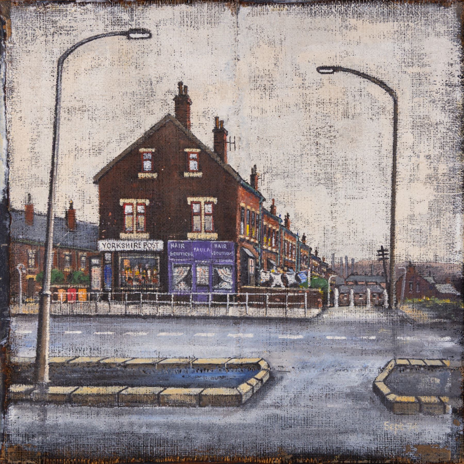 Stuart Walton (Northern British 1933-): Raincliffe Grove off York Road Leeds, oil on canvas mounted on board dated Sept. '74, the reverse painted with Terraced Street Corner dated Nov. '74 unsigned  59cm x 59cm