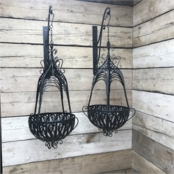  Pair black finish metal wirework hanging baskets with brackets, W47cm, H115cm  