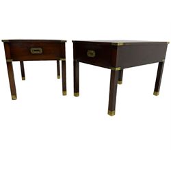 Pair of mahogany military campaign design lamp tables, rectangular form and brass bound, each fitted with single drawer, brass brackets and recessed brass handles, on square supports 