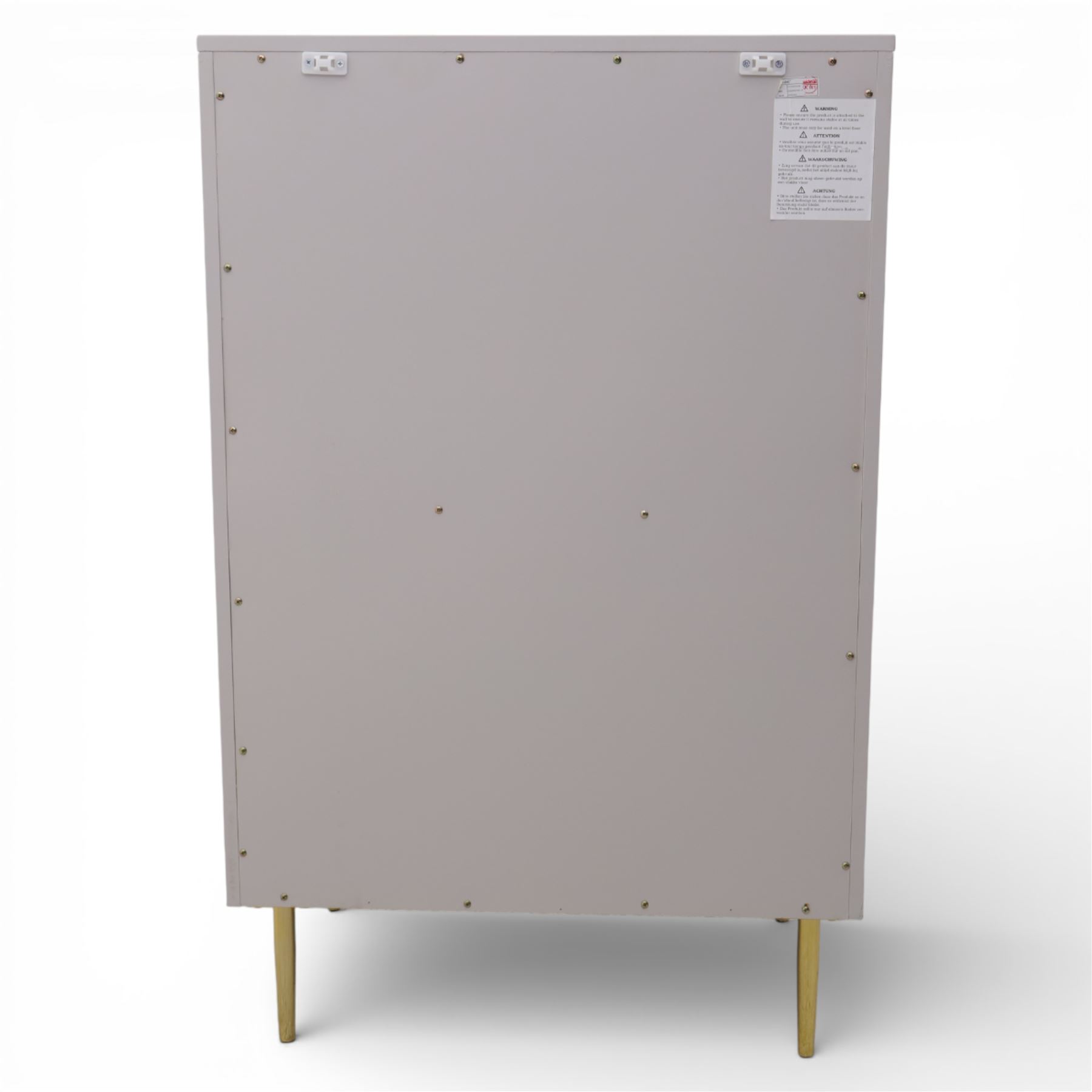 Made.com - 'Ebro' grey four drawer chest, gold painted metal shaped handles, rounded corners with fluted detail, raised on gold painted metal tapered supports