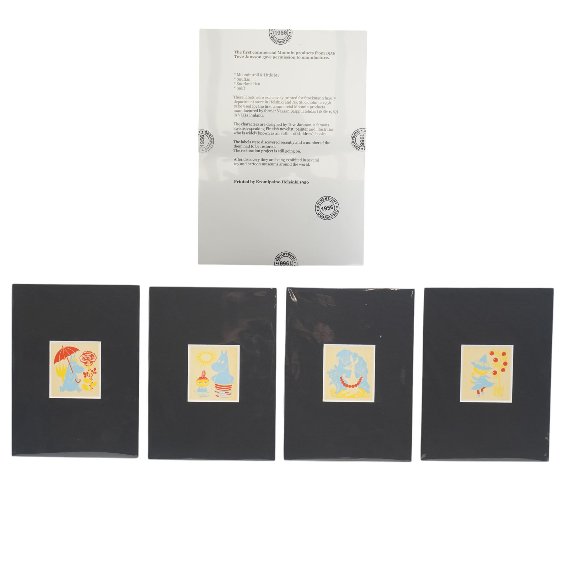 After Tove Jansson (Finnish 1914-2001): Moomin, set of four printed labels, each 6.5cm x 5.5cm (mounted)
Notes: these labels were exclusively printed for Stockmann luxury department store in Helsinki and NK Stockholm in 1956 to be used for the commercial Moomin products manufactured by former Vaasan Saippuatehdas (1886-1987) in Vaasa Finland.
