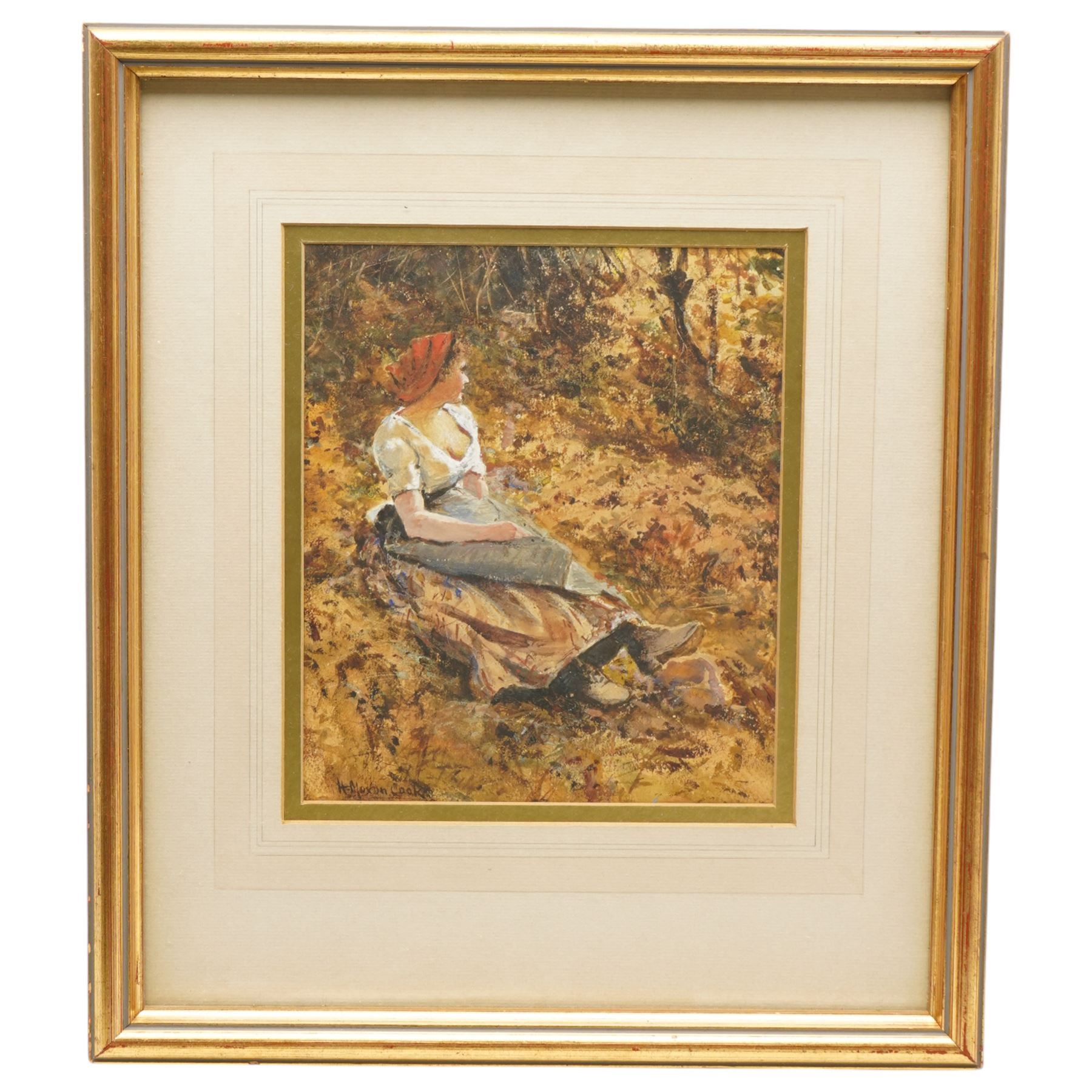 Herbert Moxon Cook (British 1844-1928): Portrait of a Girl amongst Autumn Leaves, watercolour signed 21cm x 18cm