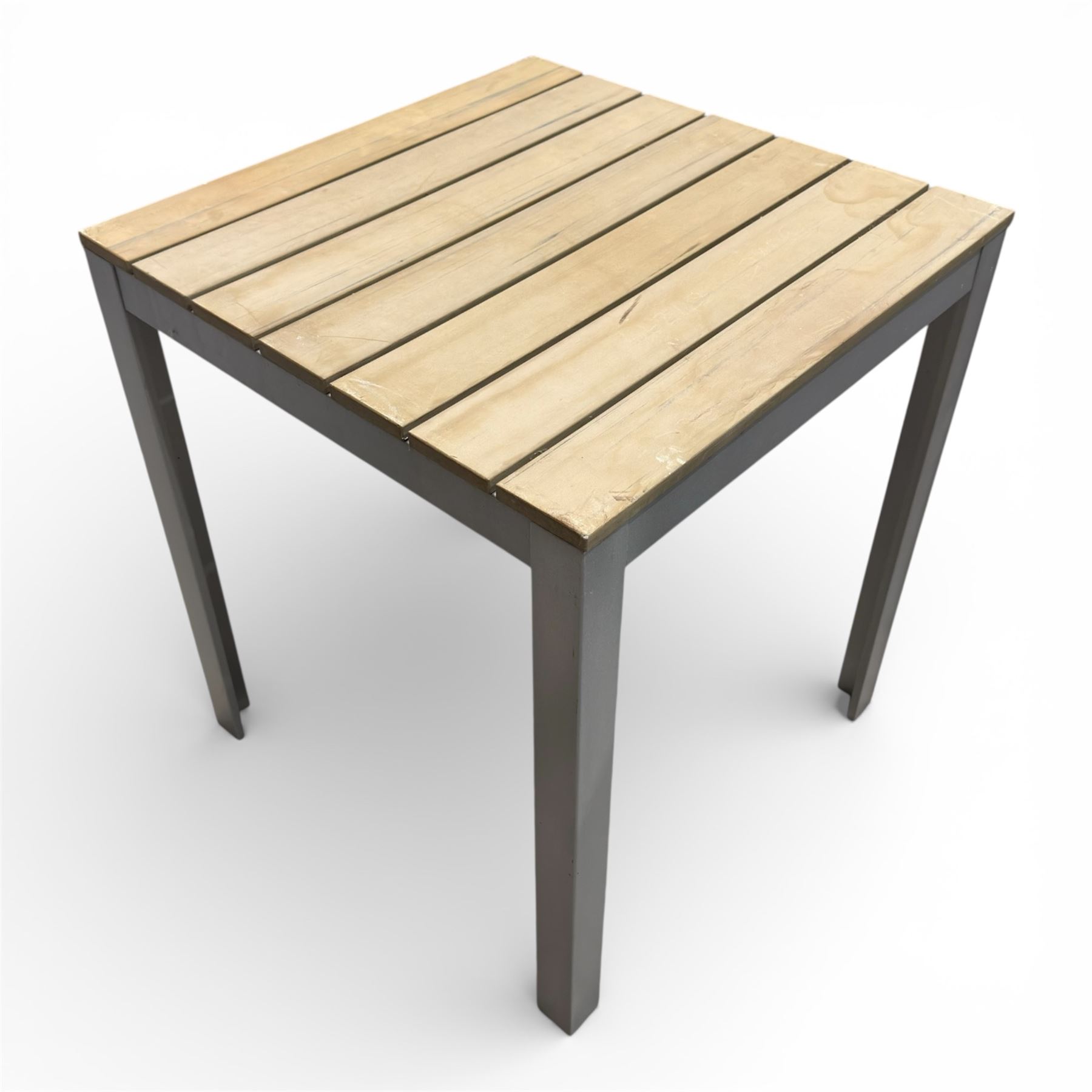 Three aluminium and wood garden tables
