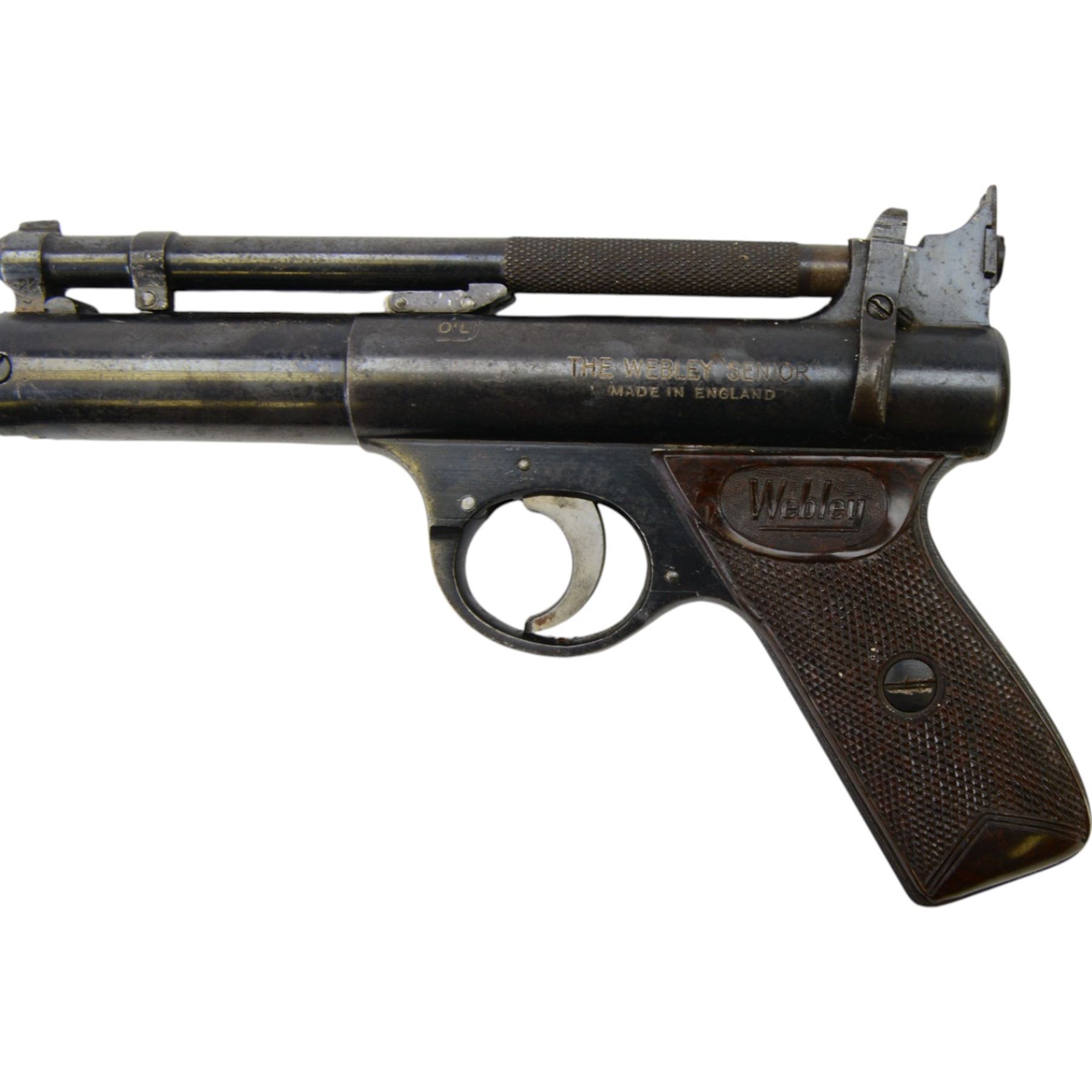 Webley Senior .22 air pistol, batch 209, the air chamber marked The Webley Senior, made in England, Webley & Scott Ltd Birmingham 4, Webley Patent, with checkered grip, H14cm, L19cm, together with book Webley Air Pistols; their history and development by Gordon Bruce 