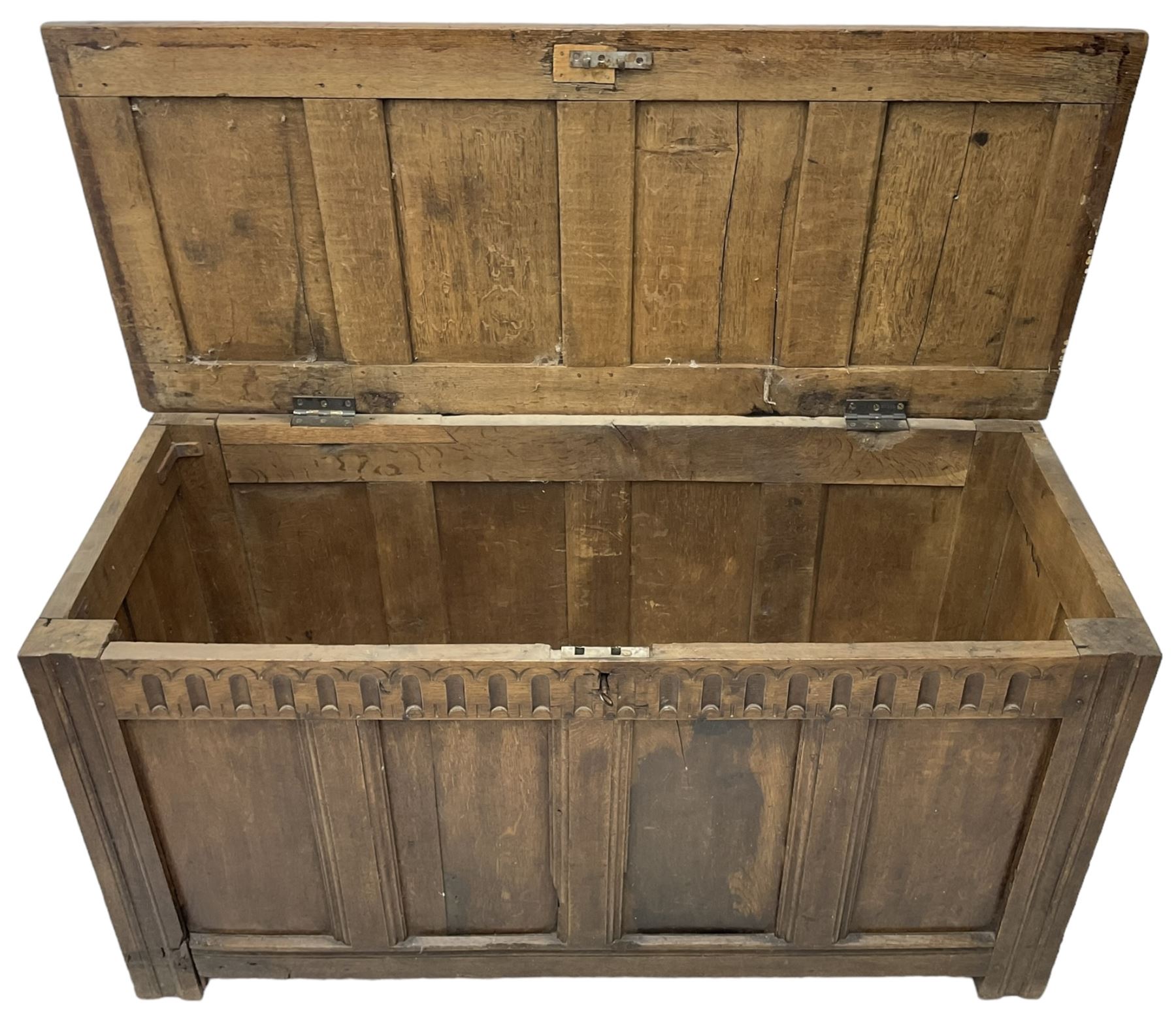 18th century and later oak coffer or chest, rectangular quadruple panelled hinged top, over arcade carved frieze and panelled sides, on stile supports