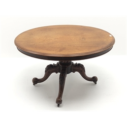  Victorian mahogany oval loo dining centre table, baluster column on  four acanthus carved out swept supports, W119cm, H74cm, D90cm  