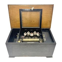 Swiss  - 19th century five butterfly bells in sight cylinder music box in a mahogany and ebonised case with a glazed inner viewing lid, seven-inch brass cylinder with a forty tooth comb (one tooth broken) playing 10 airs, with crank handle, stop/start, change/repeat function.