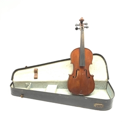 1920s German violin for completion with 36cm two-piece maple back and ribs and spruce top, lacks tailpiece, bridge and strings, 59cm overall, in carrying case