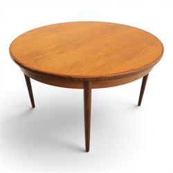G-Plan - mid-20th century teak 'Fresco' circular extending dining table and six chairs, circular top with storable fold-over leaf extending to 166cm