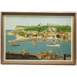 John A Lynch (British 20th century): 'Whitby' East Cliff, oil on board signed, titled and dated 1976 verso 50cm x 75cm
