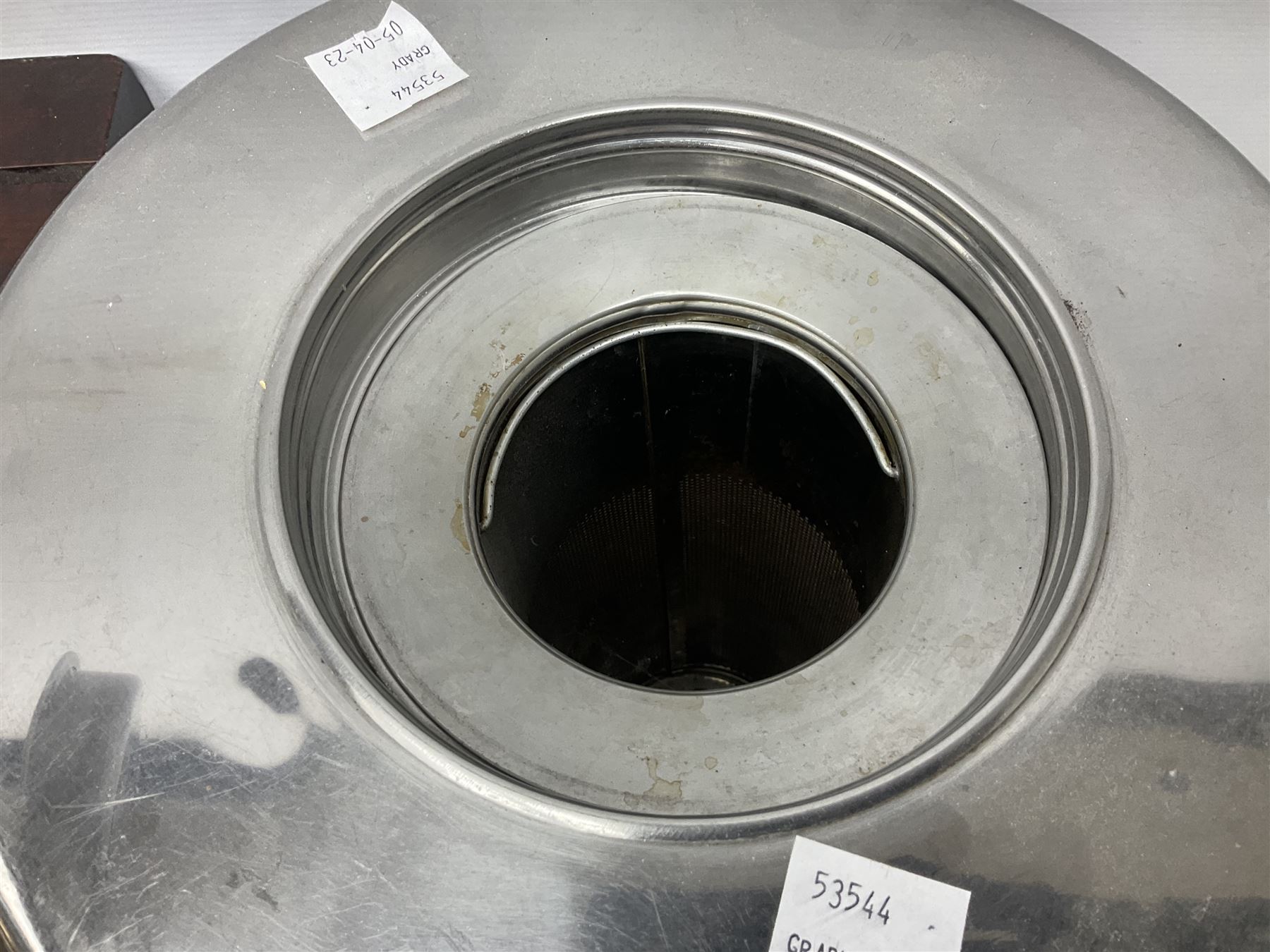 Mauchline ware trinket box and thimble holder, together with copper kettle, two large brown enamel teapots, wooden chess board, brass bell, hot water urn, and other metal ware etc, in three boxes 