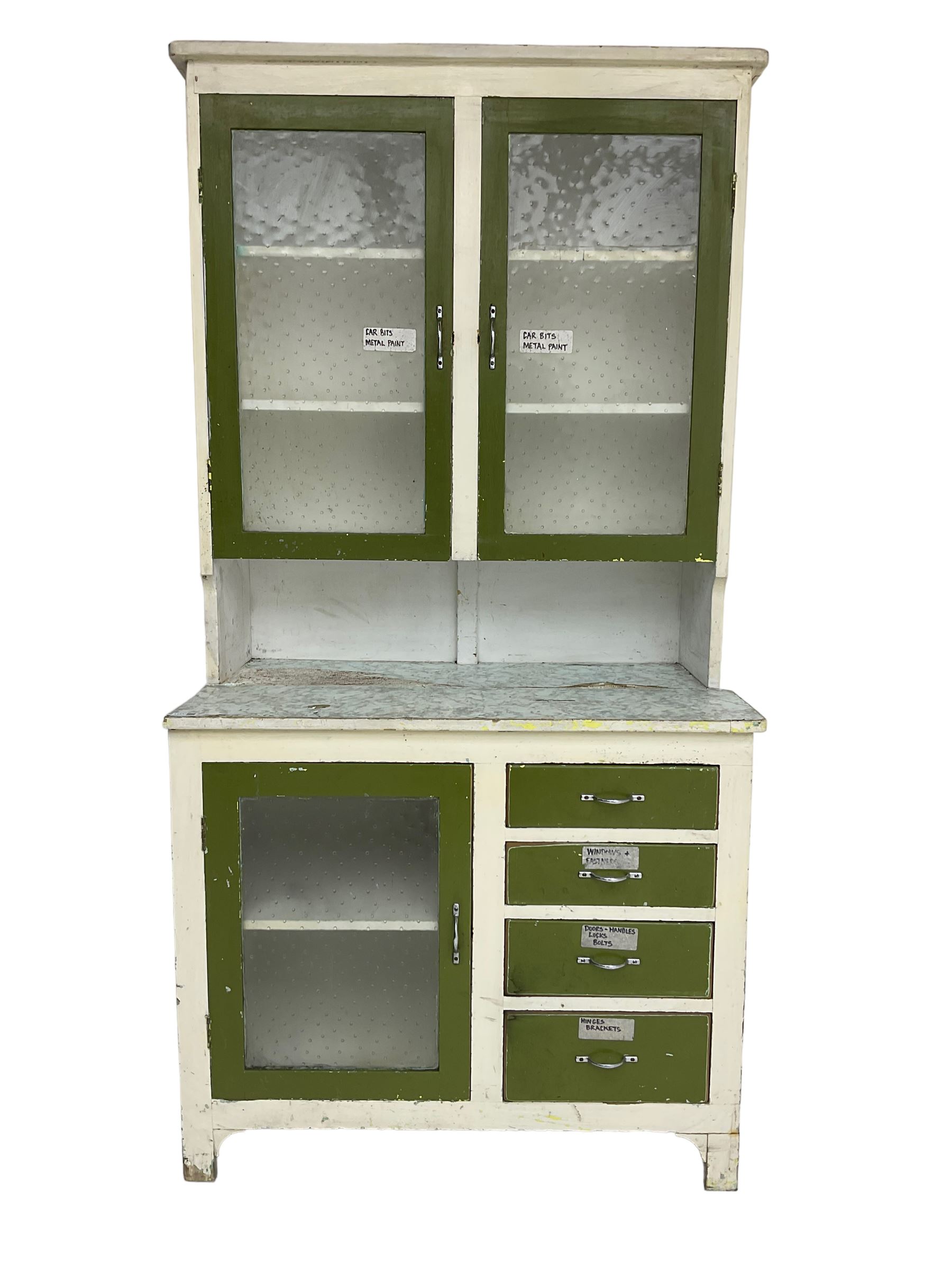 Mid-20th century painted kitchenette, raised glazed cabinet over single glazed door and four drawers
