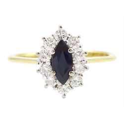 18ct gold marquise cut sapphire and round brilliant cut diamond cluster ring, London import mark 1986, total diamond weight approx 0.30 carat