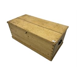 Victorian pine blanket box, hinged lid, with metal carrying handles