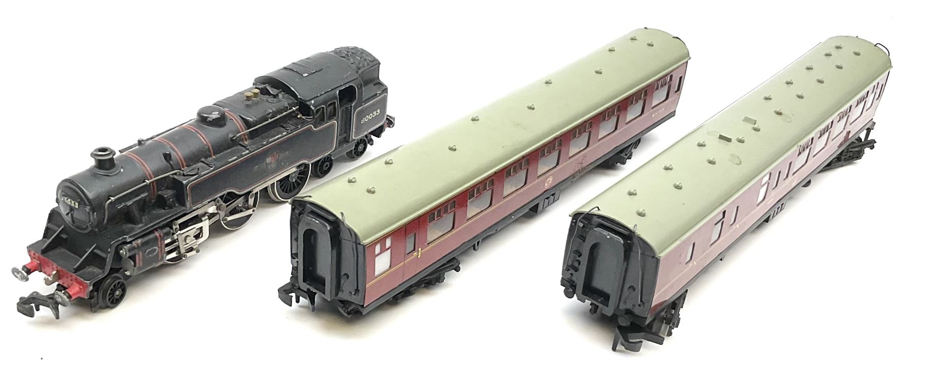 Hornby Dublo - two-rail 2022 'The Caledonian' Passenger Set LMR with Duchess Class 4-6-2 locomotive 'City of London' No.46245 with tender, two coaches and track, box base only, no lid; 4MT Standard 2-6-4 Tank locomotive No.80033 with two Talisman coaches and track in 2019 Goods Train Set box; four unboxed wagons, quantity of track, crane and buffer stops.