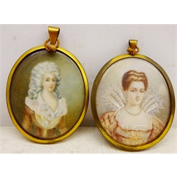  Portrait Miniature of an Elizabethan and Georgian Lady, two 19th/early 20th century ovals painted on ivory 6.5cm x 5.4cm (2)  