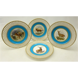  Set of four late Victorian Minton cabinet plate hand painted with stags after Edwin Landseer, by Henry Mitchell, on turquoise ground within a pierced gilt basket weave border, with T. Goode & Co. retail stamp, c1879, pattern no. G739, D25cm (4) Provenance Property of Bob Heath, Brandesburton Formerly of Ravenfield Hall Farm near Rotherham  