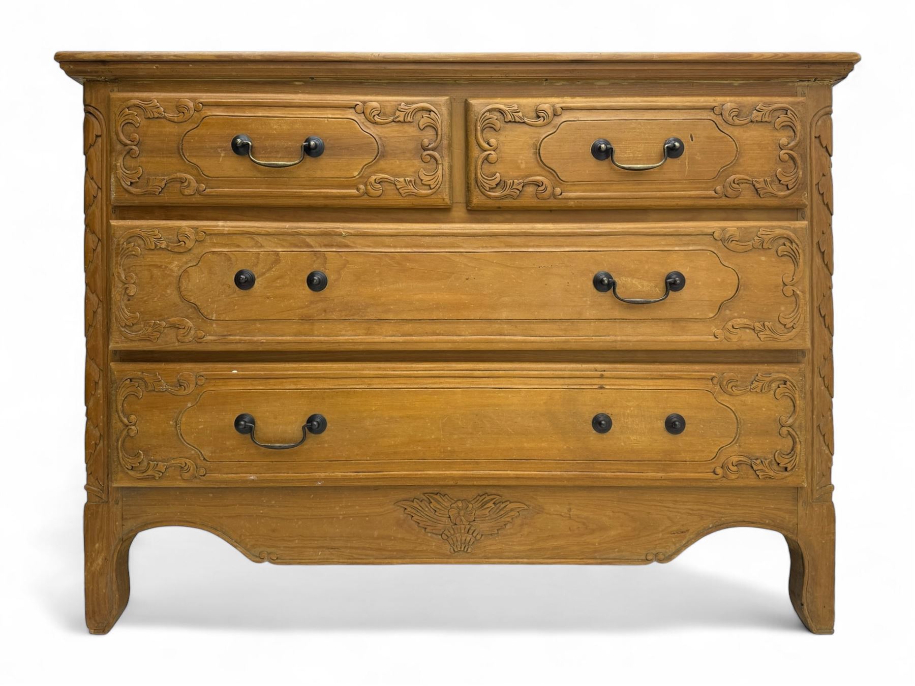 French design hardwood chest, rectangular top with moulded edge over two short and two long drawers with carved scrolling foliate decoration, flanked by carved acanthus leaf columns, on bracket supports