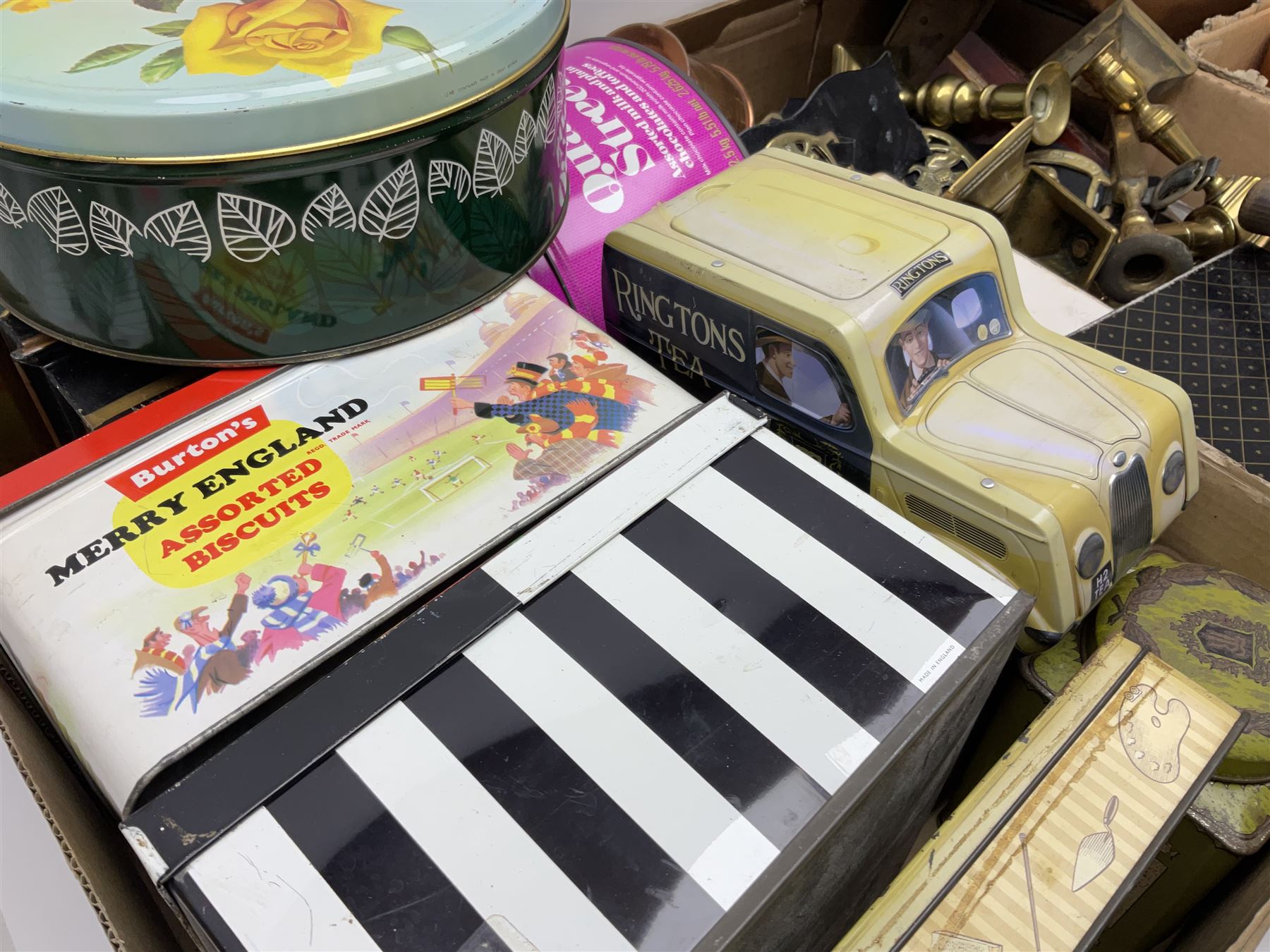 Collection of silver plated cased cutlery including part canteens and butter knives, together with other metal ware including J&J Siddons iron, horse brasses and a copper kettle, 1970s children's annuals including Beano, two handbags and three suitcases, vintage tins etc, in four boxes 