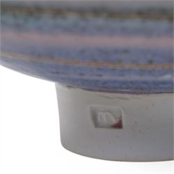 Mary Rich (1940-2022); three studio pottery footed bowls, in blue with gilt geometric decoration, impressed potters seal to base, largest D28cm (3)