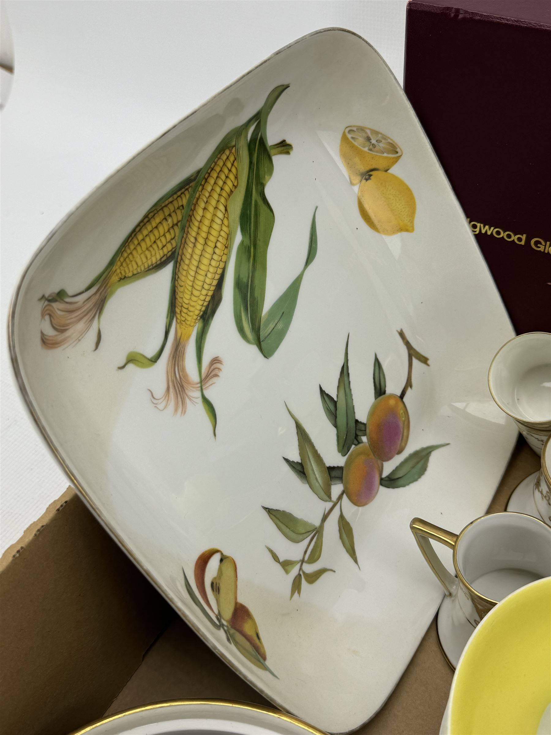 Aynsley harlequin cups and saucers, Royal Albert Old Country Roses vase and cover, Noritake coffee wares, Wedgwood Everest Goblet and various ceramics in two boxes