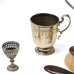 Silver plated egg boiler with bird finial, plated cocktail shaker, plated table bell, pair of tortoiseshell brushes' plated dessert knives and forks and other items 