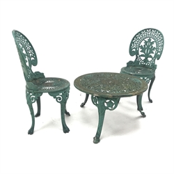 Pair classical painted aluminium garden chairs (W40cm) and low table (D69cm, H40cm)