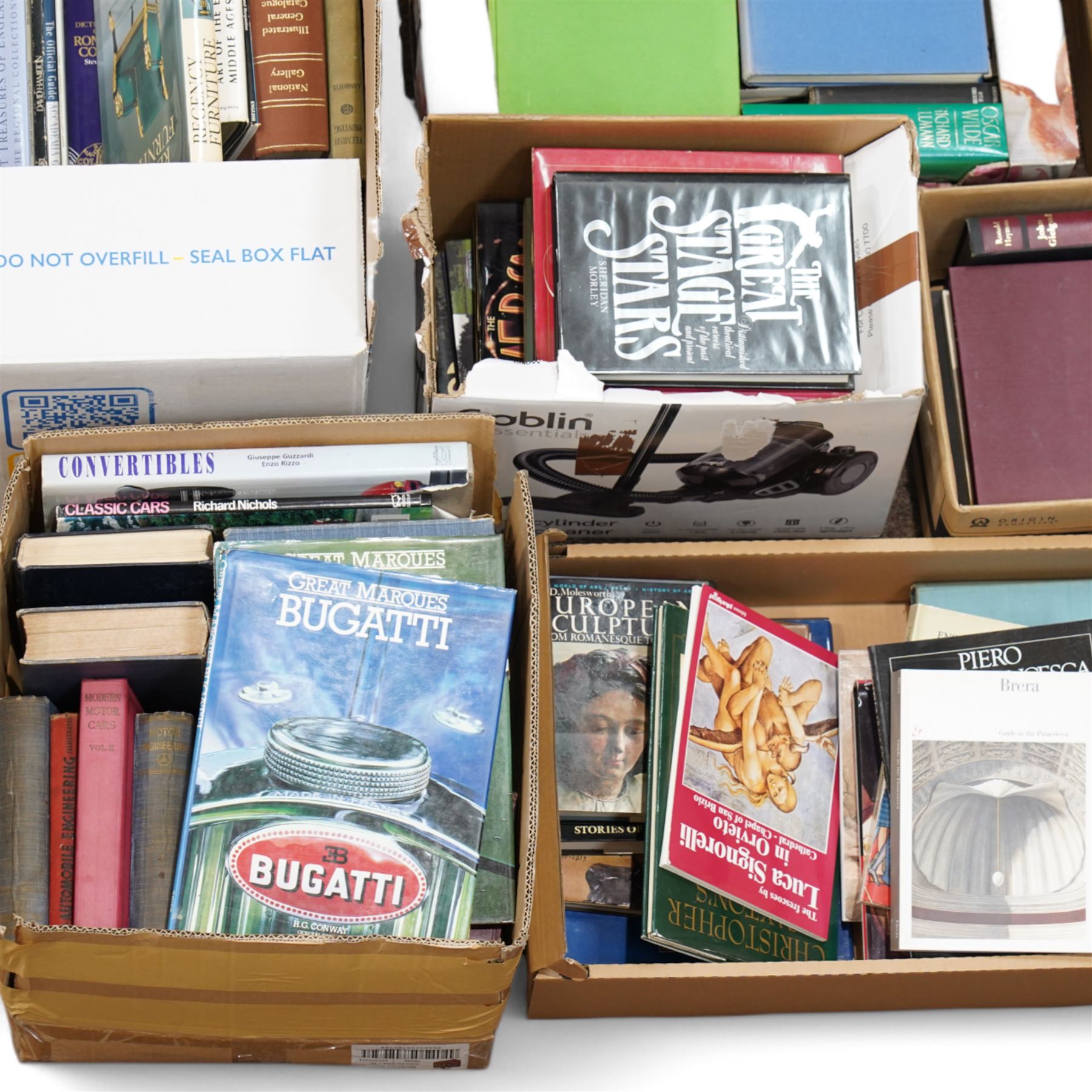 Large collection of mainly art and antiques reference books, and others, various classic car interest repair and history books including Bugatti and Jaguar etc, contents in seventeen boxes