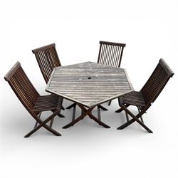 Hexagonal garden table and set of four folding chairs