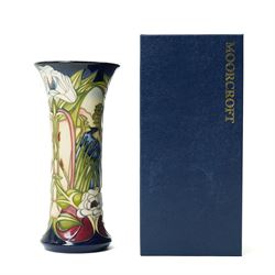 Moorcroft Fountains Abbey pattern vase, of cylindrical form with flared neck, designed by Philip Gibson, with impressed and painted marks to base, with original box, H25cm