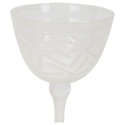 Gillies Jones of Rosedale oversized wine glass, decorated with white abstract decoration, together with a smaller Gillies Jones of Rosedale trumpet shaped wine glass with applied coloured glass ribbon to stem and a Deborah Fladgate purple fluted glass dish, all signed to base, tallest H24.5cm