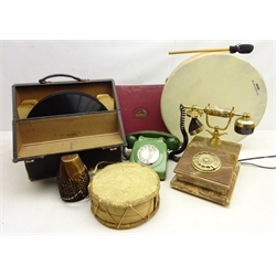  Two native drums, Remo Buffalo Drum, quantity of 78rpm records in cases and two turn-dial telephones  