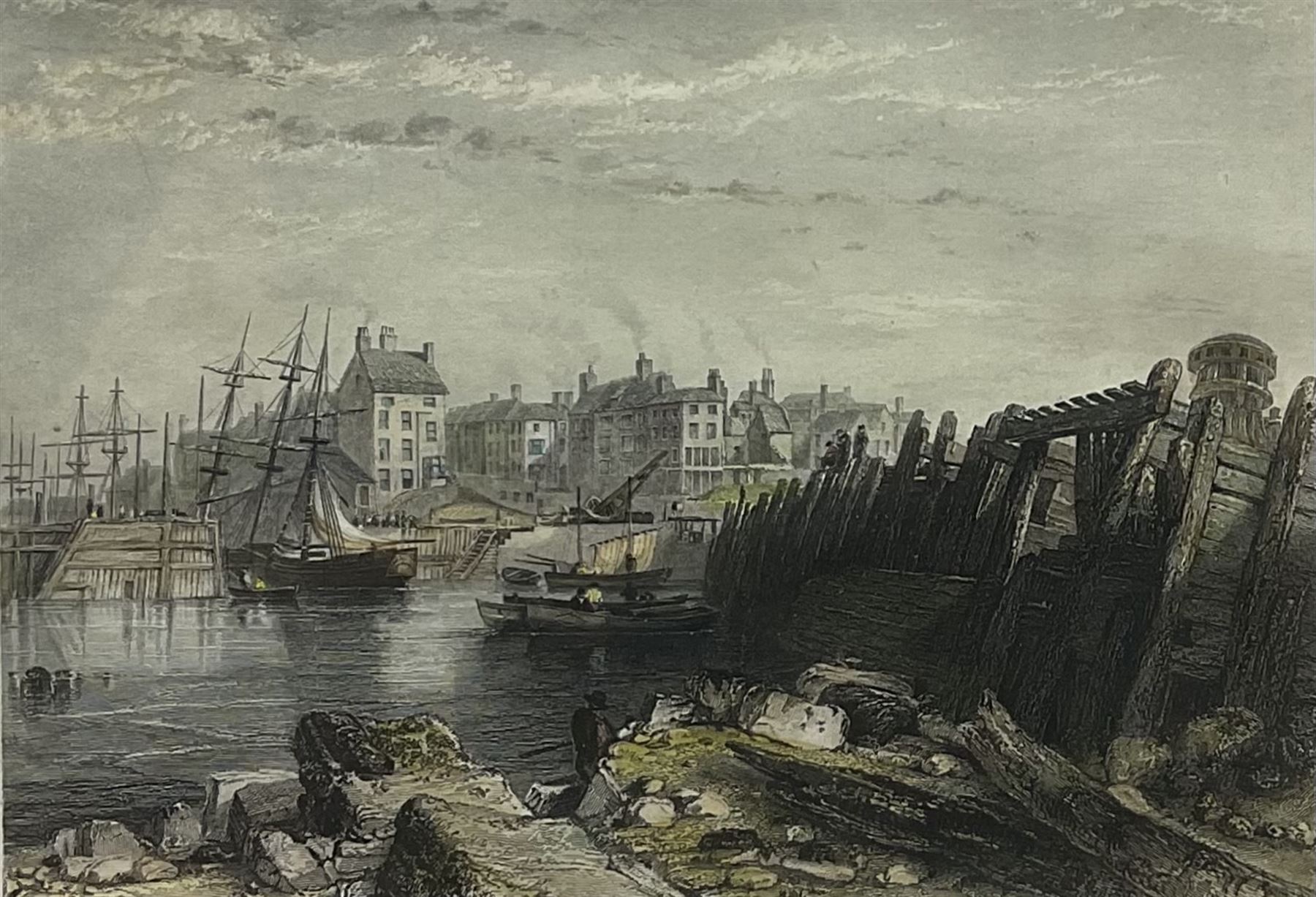 George Balmer (British 1806-1846): 'Burlington' Quay Bridlington, pencil sketch for engraving titled in the artist's hand 22cm x 39cm, together with the hand-coloured engraving by James Stephenson (British 1808-1886) pub. William Finden's 'The Ports, Harbours, Watering-Places and Coast Scenery of Great Britain' c.1842, 15cm x 18cm (2)